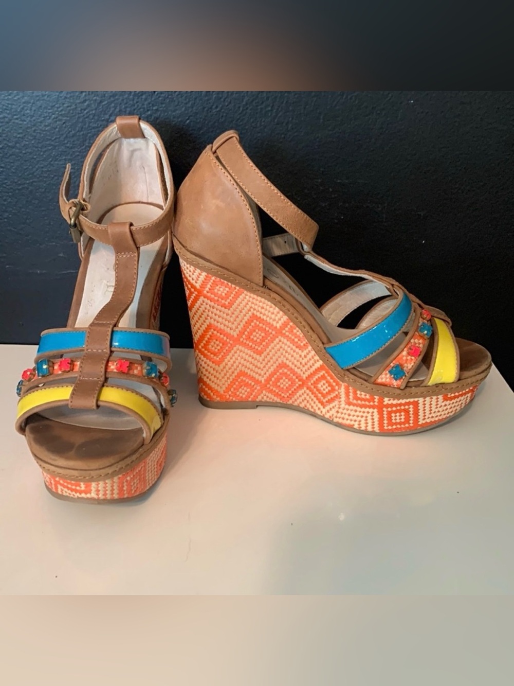 Aldo sandals colorful jeweled platform heel spring summer boho hippie colorful